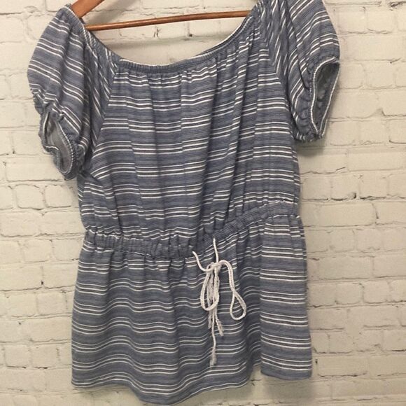 Lane Bryant Womens 14/16 chambray off the shoulder peplum drawstring waist top - Picture 2 of 8